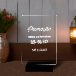 Lousa Luminaria A3 cristal com base preta 30cm x 42cm x 3mm    cód: m57lru