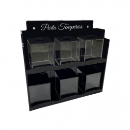 Porta Tempero Grande preto 29cm x 8,5cm x 28cm x 4mm com 6 potes 7cm x 7cm x    cód: op7h4c